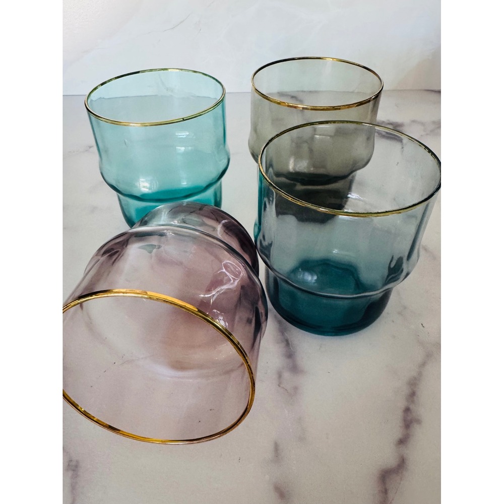 Set of 4 Stackable Colored Glass Tumblers with Gold Rim Mixed Jewel Tone Colors